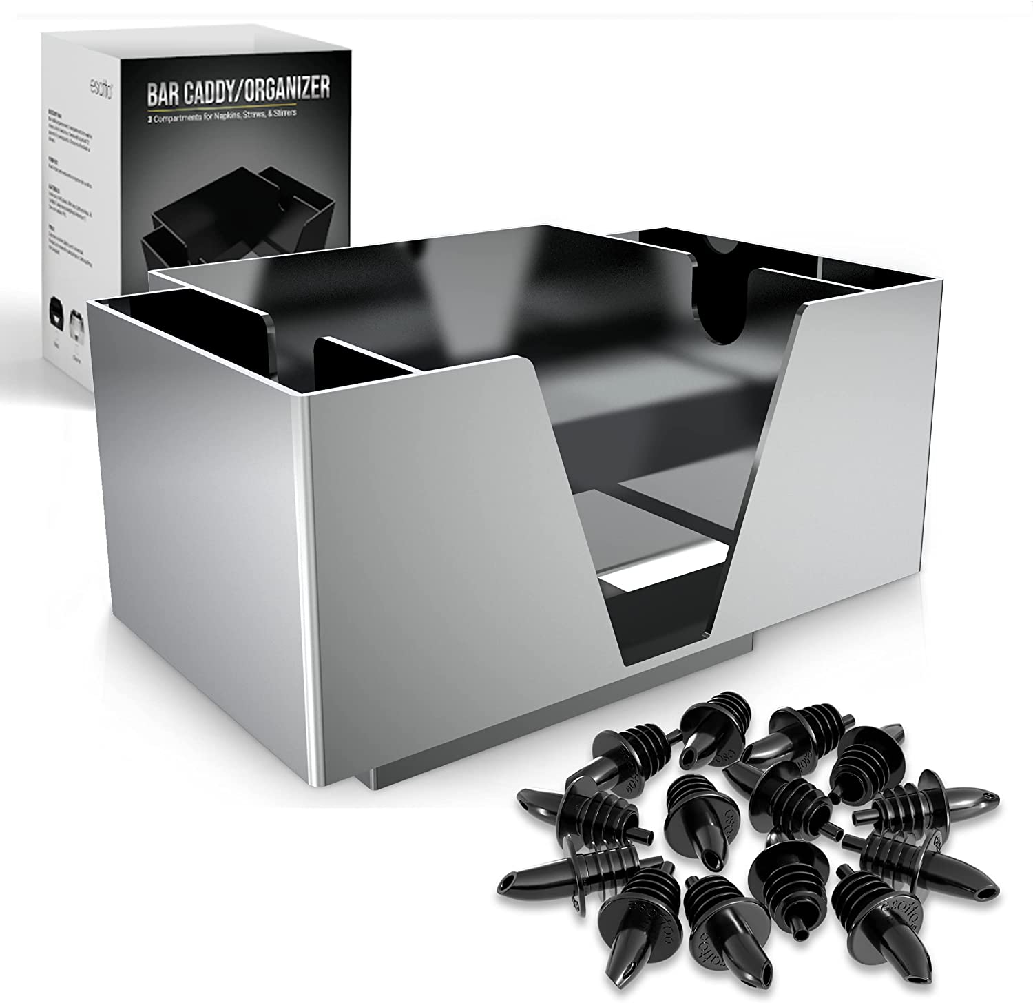 Featured image for “Esatto Bar Products Premium Square Bar Caddy (Chrome), Organize Bar Items, With 12 Black Plastic Pourers Included”