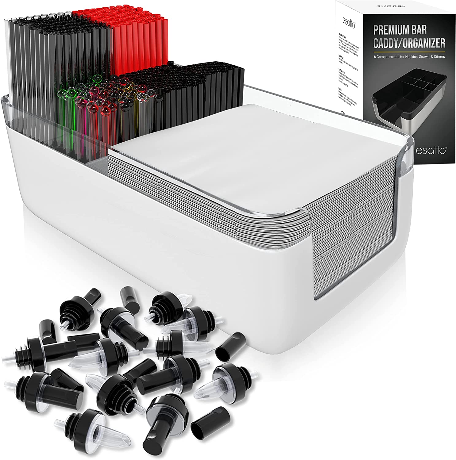Featured image for “Esatto Bar Products Premium Bar Caddy (White), With Additional 12 Pourers and 12 Pourer Covers”