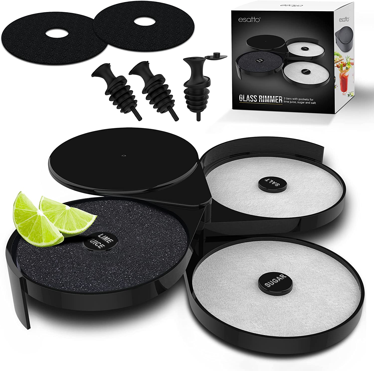 Featured image for “Esatto Glass Salt Rimmer 3 Tier for Margarita and Cocktail, Black with 2 Extra Sponge’s + 3 Pourers”