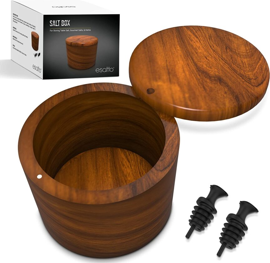 Esatto Round Acacia Wooden Salt Box, Magnetic Swivel Lid, Salt pepper or Spice Storage Box, 2 Wine Pourers Included