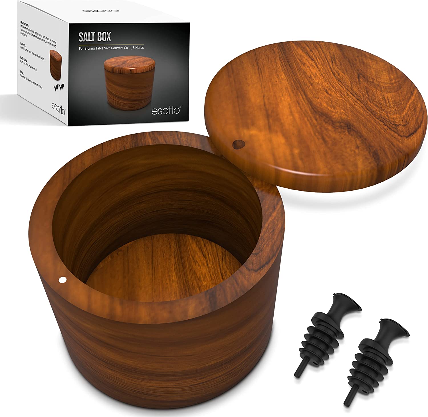 Featured image for “Esatto Round Acacia Wooden Salt Box, Magnetic Swivel Lid, Salt pepper or Spice Storage Box, 2 Wine Pourers Included”
