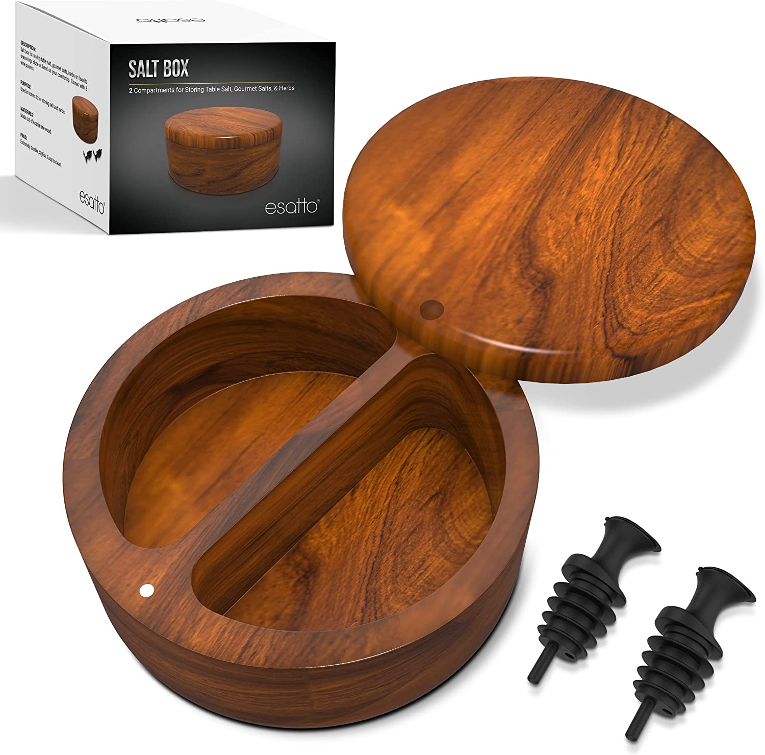 Featured image for “Esatto Round Acacia Wooden Salt and Spice Box, Magnetic Swivel Lid, Salt pepper or Spice Storage Box, two compartments, 2 Wine Pourers Included”
