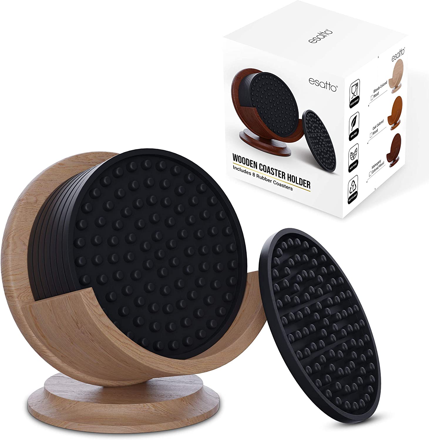 Featured image for “Esatto Bar Products Smooth Wooden Coaster Sets with Holder on Pedestal (Blonde), Holds Any Coasters of 4.25 Inches in Diameter, 8 Rubber Coasters for Drinks Plus 4 Pourers Included”