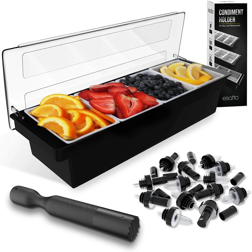 Esatto Bar Products Condiment Holder with 4 - 1.5 Pint Inserts Black, Keeps Fruit and Berries Fresher Longer, Additional 12 Pourers, 12 Pourer Covers, 1 Muddler