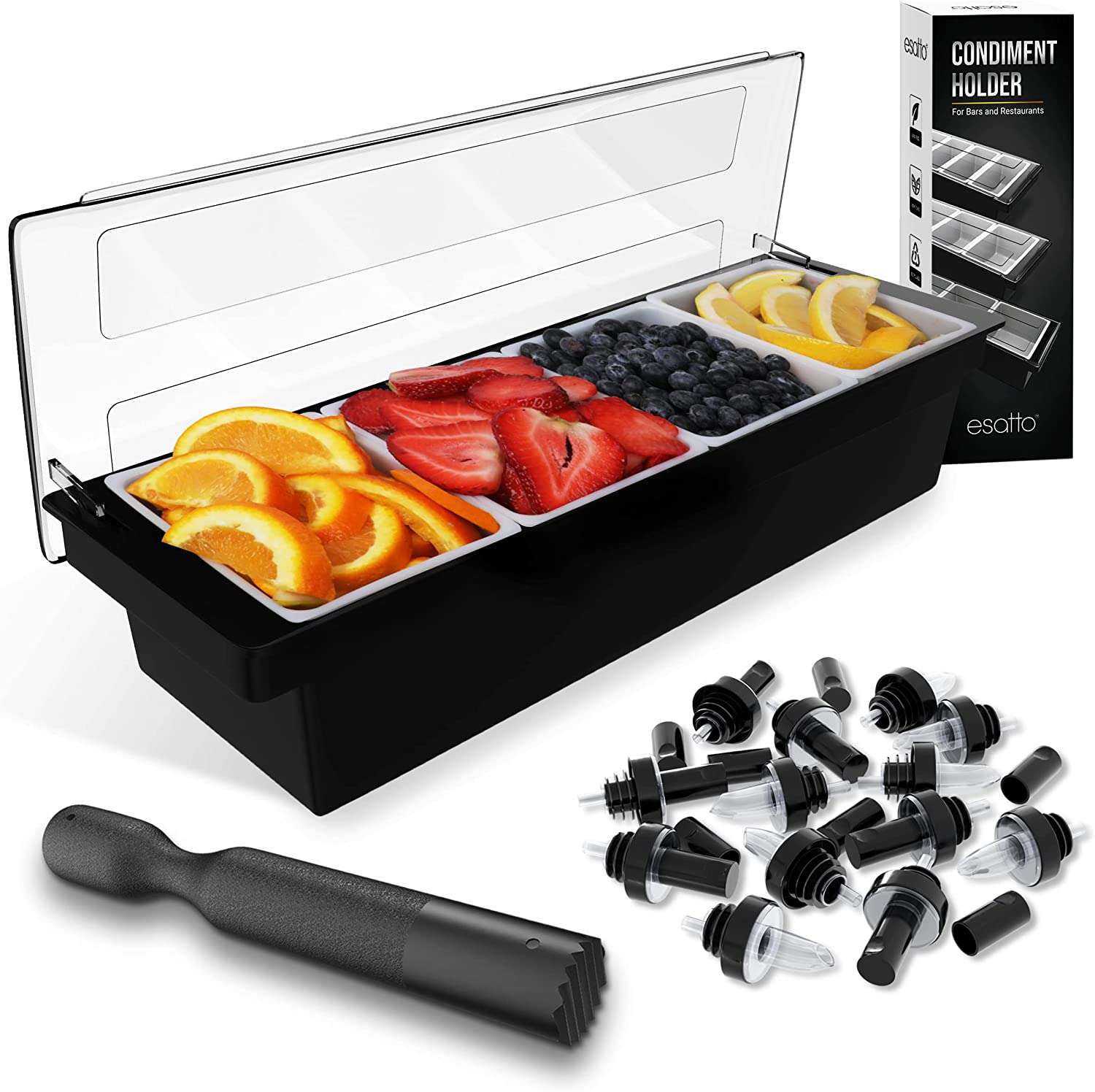Featured image for “Esatto Bar Products Condiment Holder with 4 – 1.5 Pint Inserts Black, Keeps Fruit and Berries Fresher Longer, Additional 12 Pourers, 12 Pourer Covers, 1 Muddler”