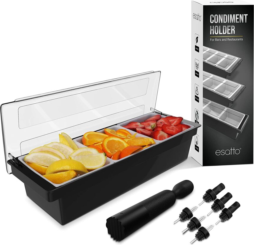 Esatto Bar Products Condiment Holder with 3 - 1 Quart Inserts Black, Keeps Fruit and Berries Fresher Longer, Additional 12 Pourers, 12 Pourer Covers, 1 Muddler