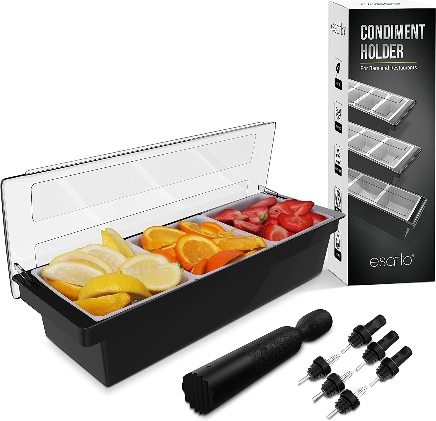 Featured image for “Esatto Bar Products Condiment Holder with 3 – 1 Quart Inserts Black, Keeps Fruit and Berries Fresher Longer, Additional 12 Pourers, 12 Pourer Covers, 1 Muddler”