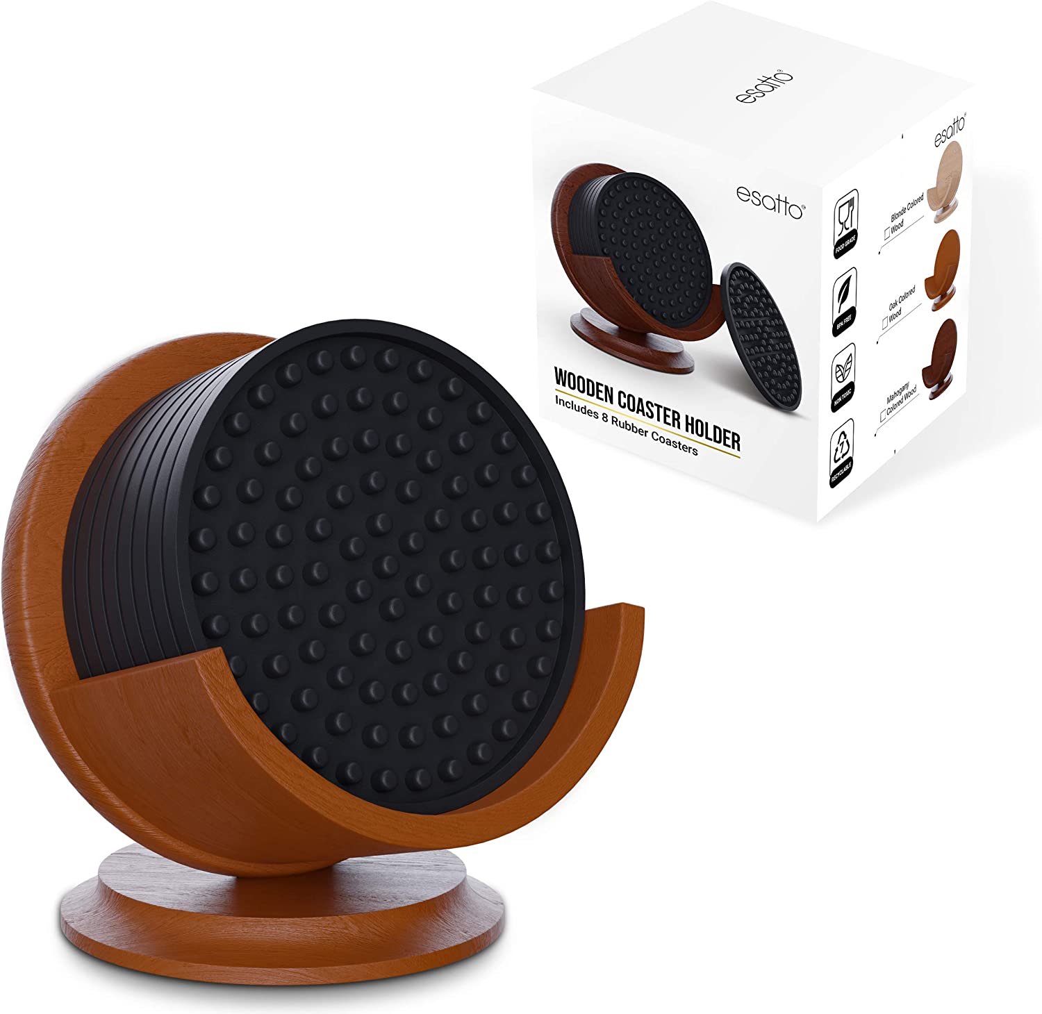 Featured image for “Esatto Bar Products Smooth Wooden Coaster with Holders on Pedestal (Oak), Holds Any Coasters of 4.25 Inches in Diameter, 8 Rubber Coasters for Drinks Plus 4 Pourers Included”