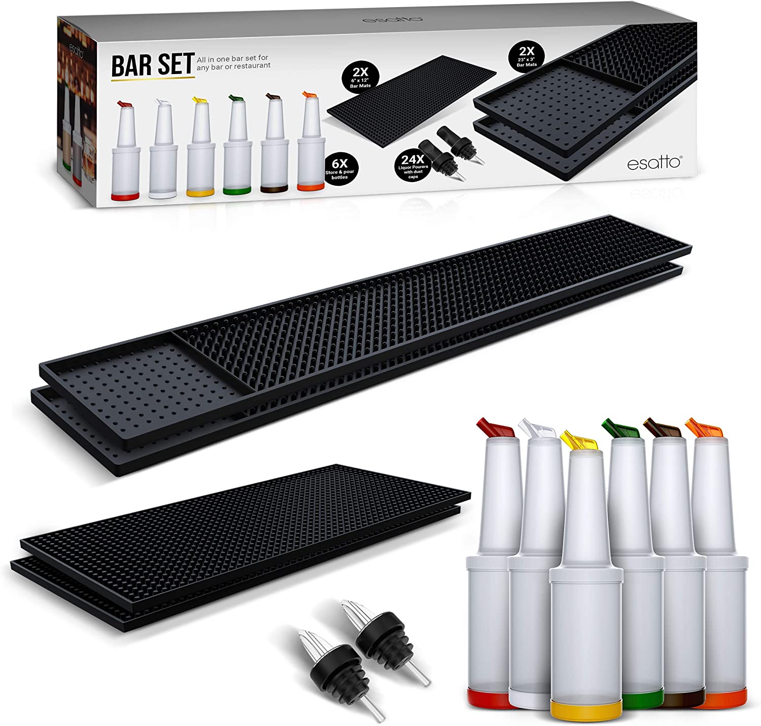 Featured image for “Esatto Bar Equipment Gift Set – 6 Store N Pour Bottles, 2 Bar Mats, 2 Shaker Mats, 24 Pourers with dust caps”