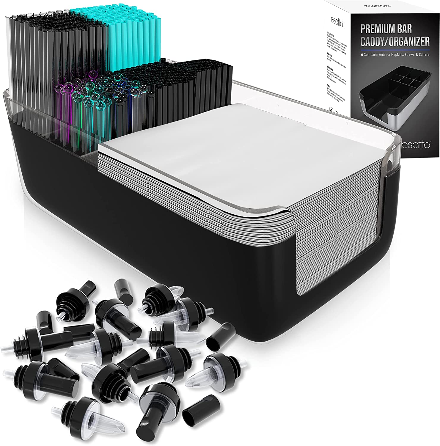 Featured image for “Esatto Bar Products Premium Bar Caddy (Black), With Additional 12 Pourers and 12 Pourer Covers”