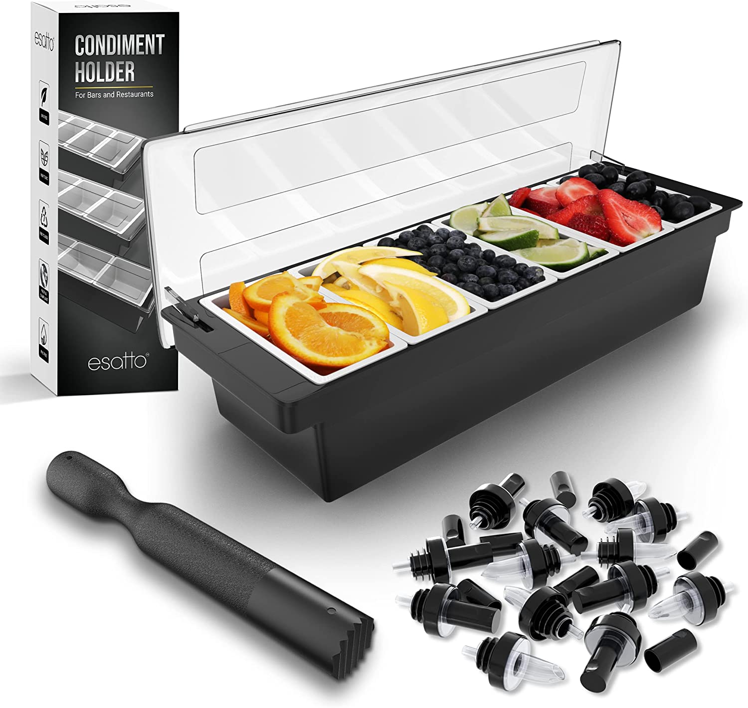 Featured image for “Esatto Bar Products Condiment Holder with 6 – 1 Pint Inserts Black, Keeps Fruit and Berries Fresher Longer, Additional 12 Pourers, 12 Pourer Covers, 1 Muddler”