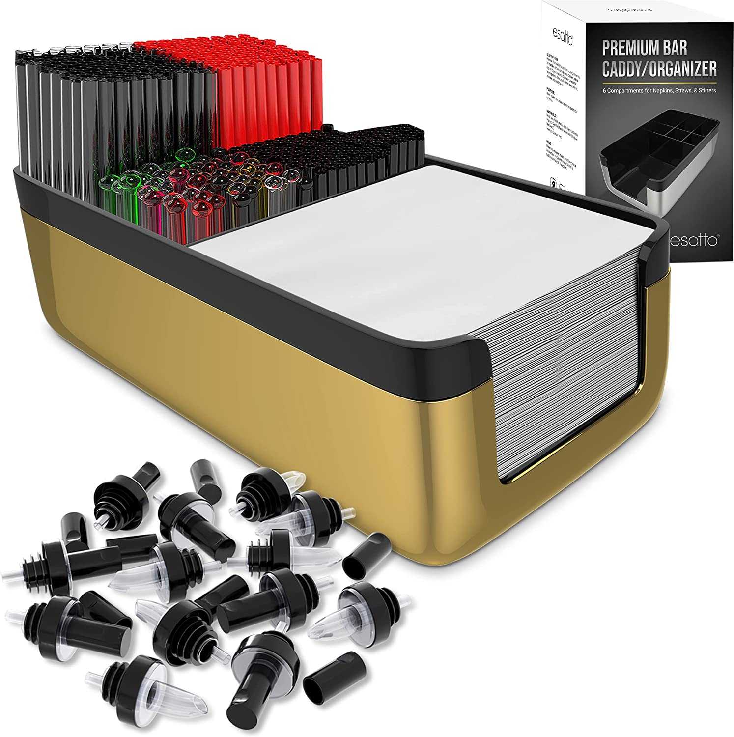 Featured image for “Esatto Bar Products Premium Bar Caddy (Gold), With Additional 12 Pourers and 12 Pourer Covers”