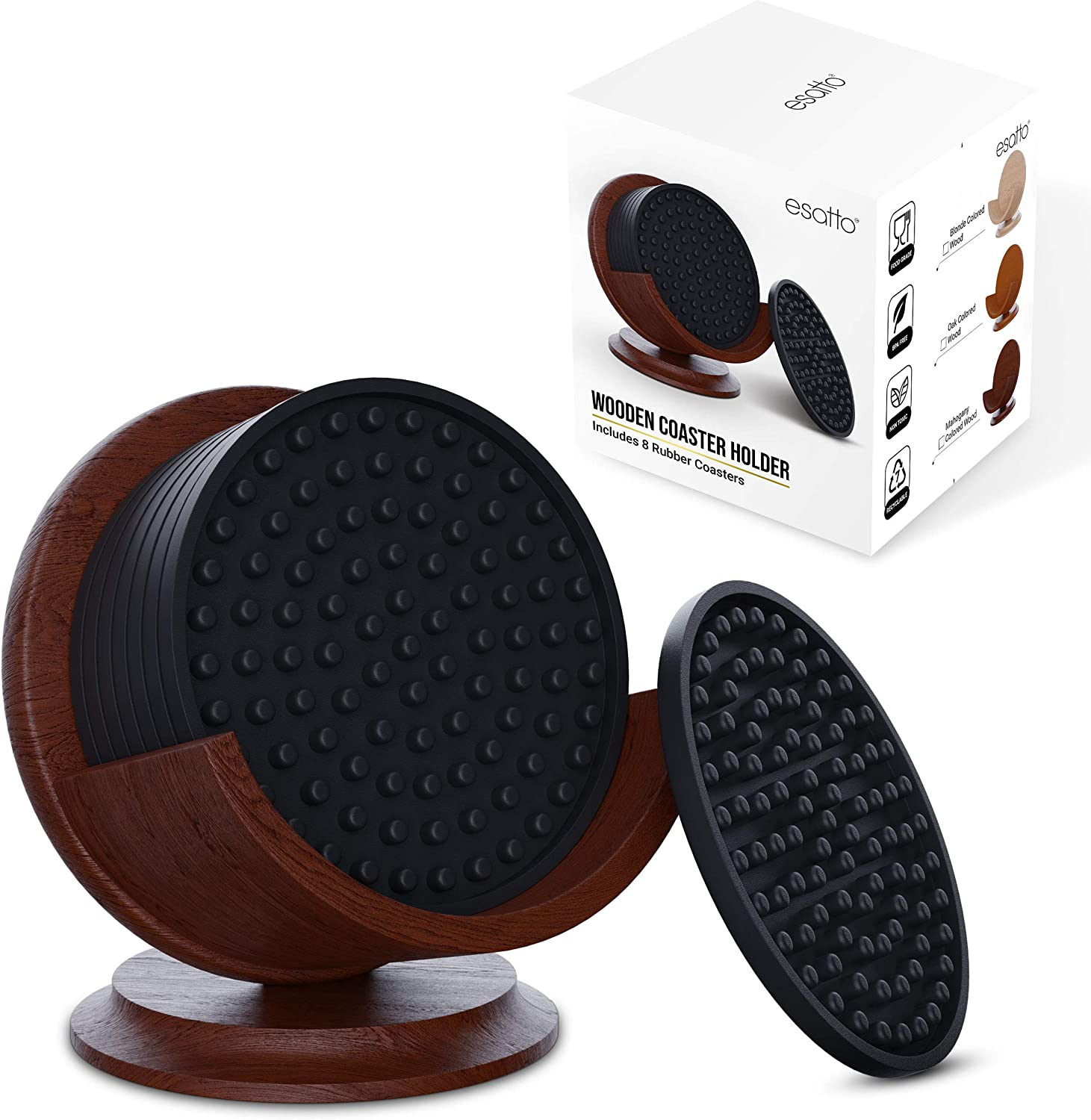 Esatto Bar Products Smooth Wooden Coaster Sets with Holders on Pedestal (Mahogany), Holds Any Coasters of 4.25 Inches in Diameter, 8 Rubber Coasters for Drinks Plus 4 Pourers Included
