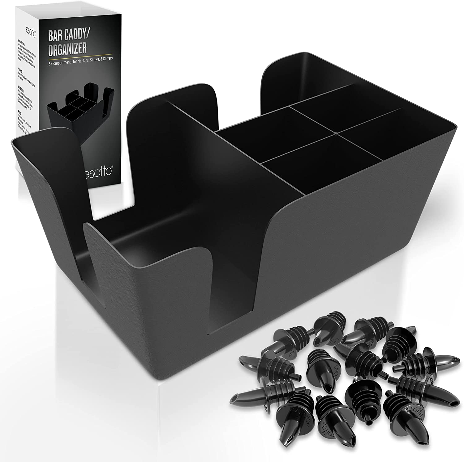 Featured image for “Esatto Bar Products Premium Rectangular Bar Caddy (Black), Organize Bar Items, With 12 Black Plastic Pourers Included”