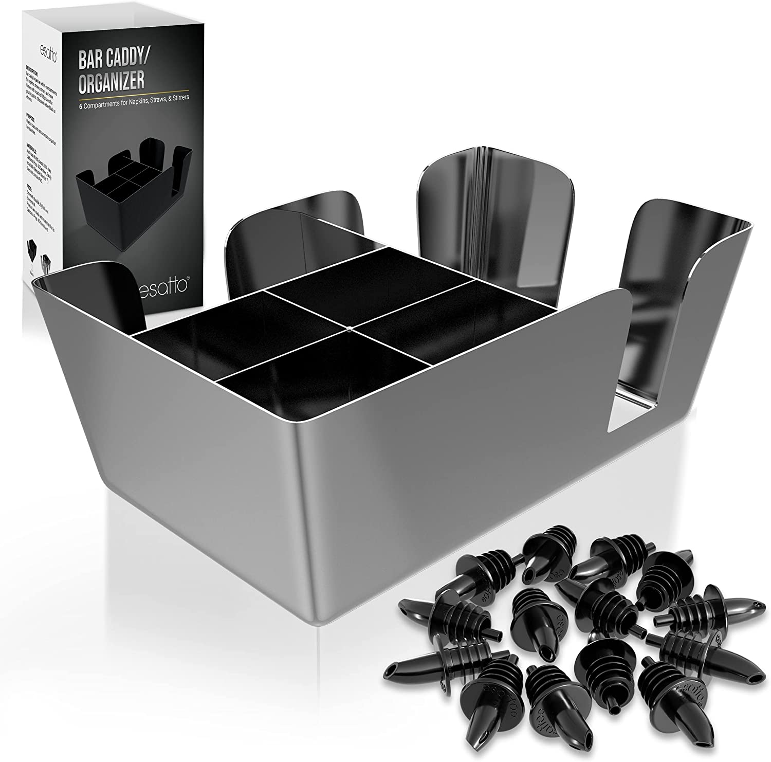 Featured image for “Esatto Bar Products Premium Rectangular Bar Caddy (Chrome), Organize Bar Items, With 12 Black Plastic Pourers Included”