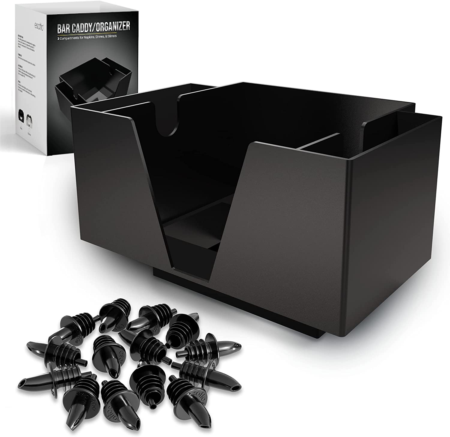 Esatto Bar Products Premium Square Bar Caddy (Black), Organize Bar Items, With 12 Black Plastic Pourers Included