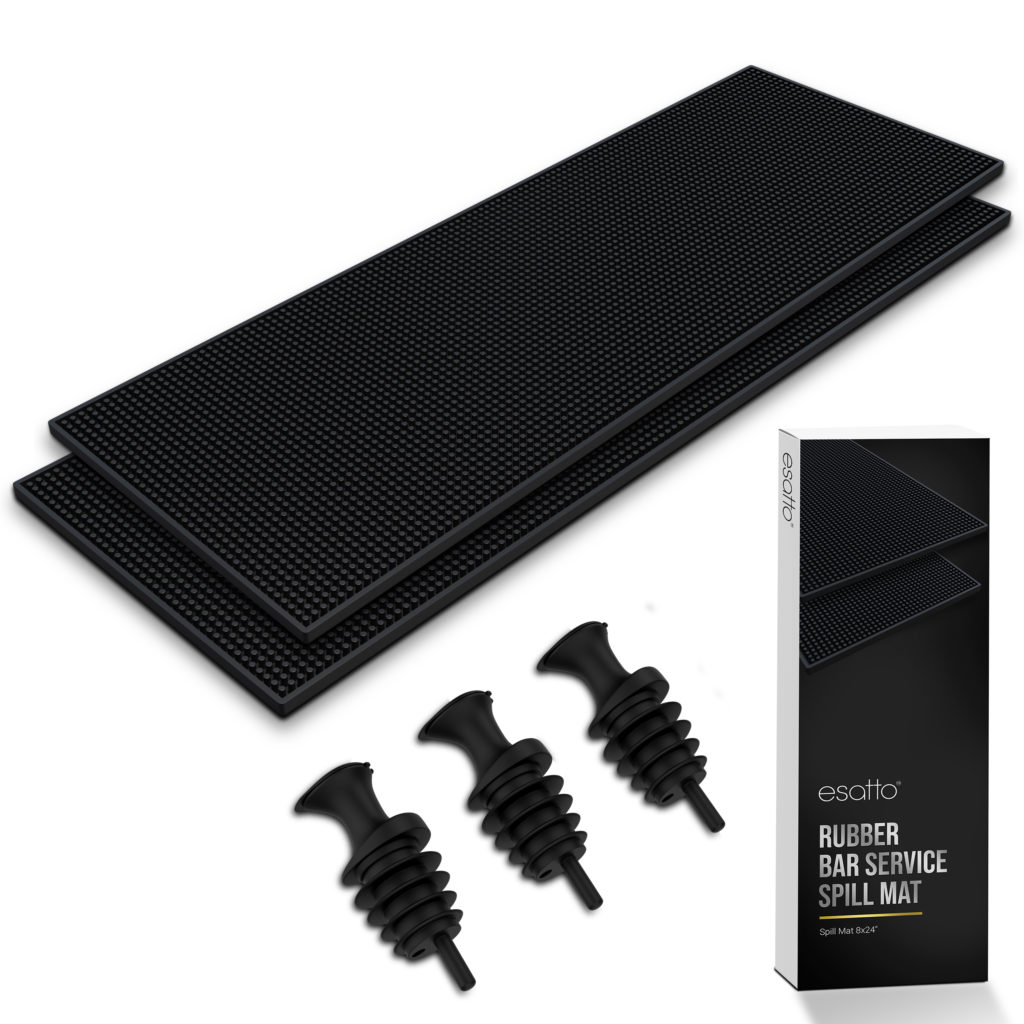 Featured image for “Esatto Wide Bar Mats, Set of 2, 8 x 24 Inches, Black, for Catching Spills on Countertops plus 3 pourers”